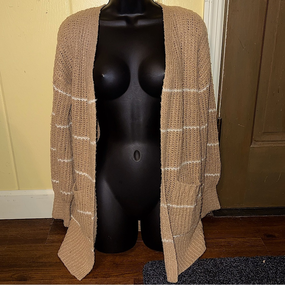 Pink Rose Tan & White Sweater Knit Long Sleeve Cardigan Open Front Size S - Picture 9 of 14
